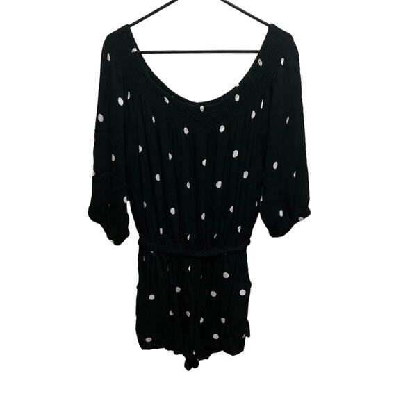 Ava Sky Black with White Polka Dot Design Off the Shoulder Romper with Pickets L - Picture 1 of 5